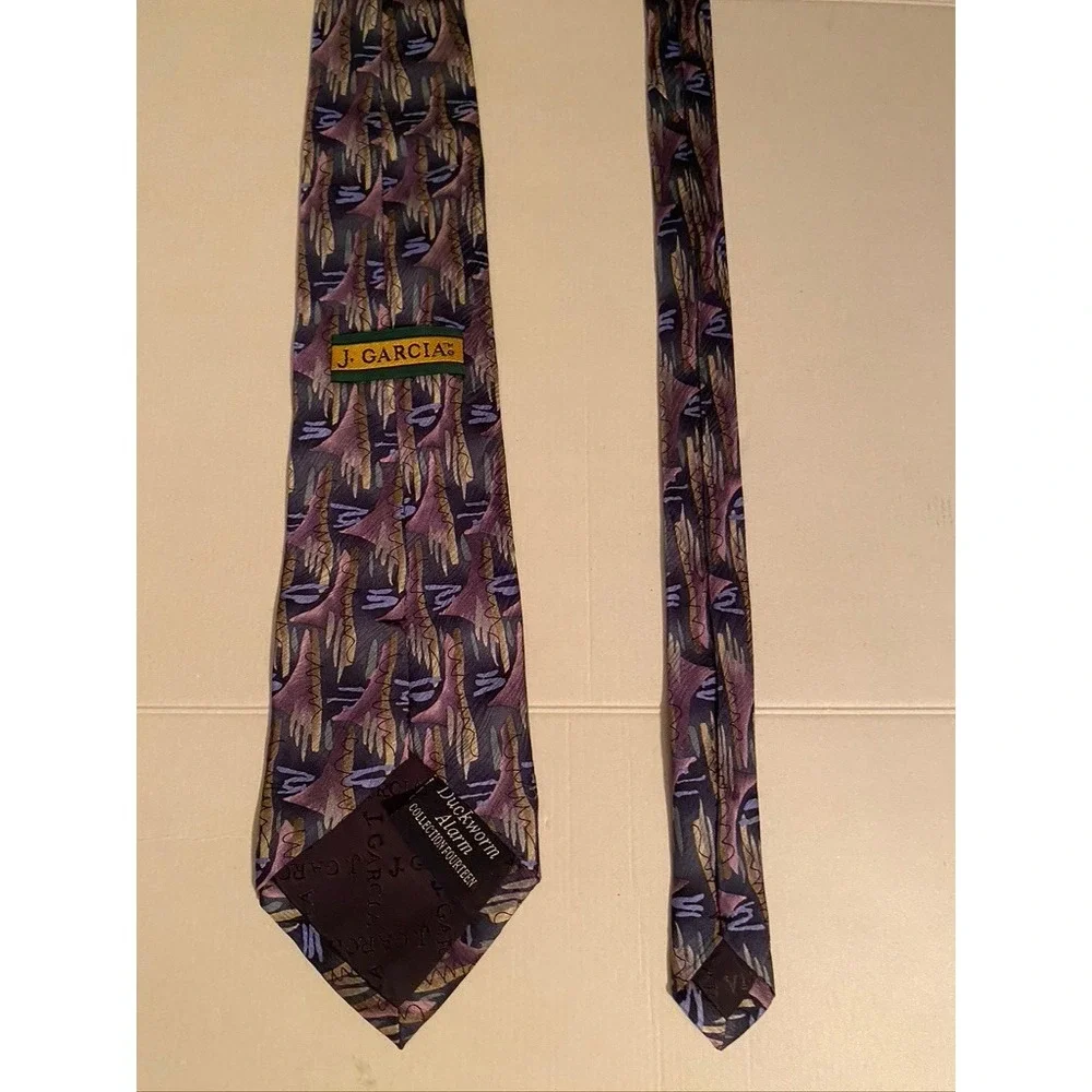 J. Garcia Mens Silk Tie Duckworm Alarm Collection Fourteen Purple Abstract 1996